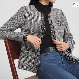 Chico’s Mixed Tweed Fringe Jacket Black/White size 2/Large/12 Blazer Open Front
